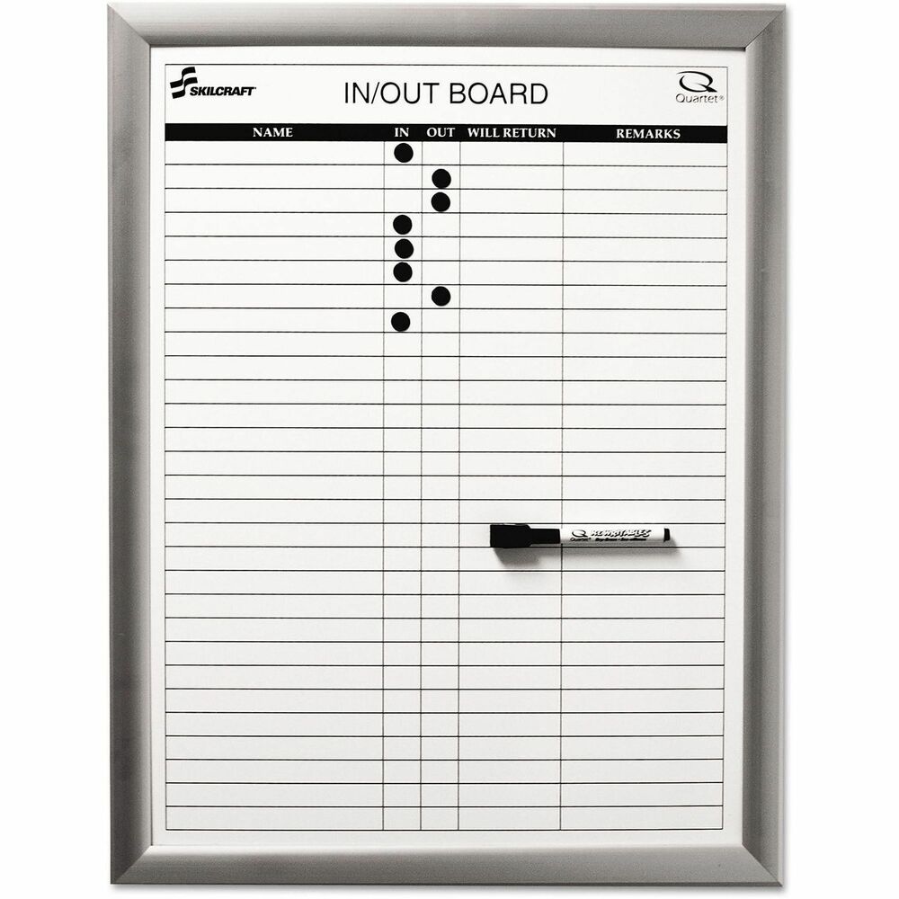 NSN5680403 - In/Out boards can track the status of quite a few people and include columns such as Name, In, Out, Will Return and Remarks. Painted steel, magnetic surface resists scratches and dents, providing long lasting durability. Aluminum frame. For vertical use only.