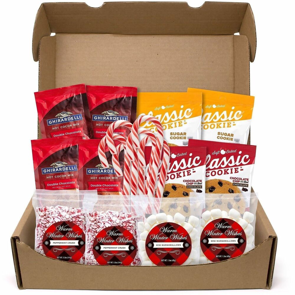 GRR70000117 - Nothing is better on a snowy day than a warm mug of hot chocolate and a sweet treat. This Warm Wishes Hot Chocolate Kit has you covered with four packets of Ghirardelli hot chocolate mix, two packets of Jet-Puffed mini marshmallows, two bags of crushed peppermint, six Spangler Candy Canes, two Grandma's Big Chocolate Chip Cookies and two Grandma's Big Chocolate Brownies. Mix in your own milk, water or milk substitute, and then add some chocolate chips to have a great afternoon with friends and family.