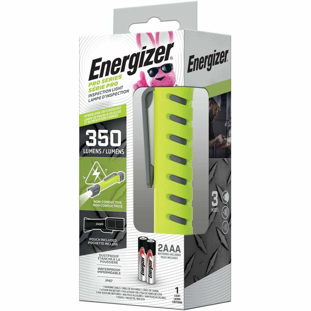 Energizer Hybrid Pro Handheld Inspection Light - LED - 350 lm Lumen - AAA - Battery Rechargeable - Battery - Water Proof, Dust Proof - Green, Gray - 1 Pack