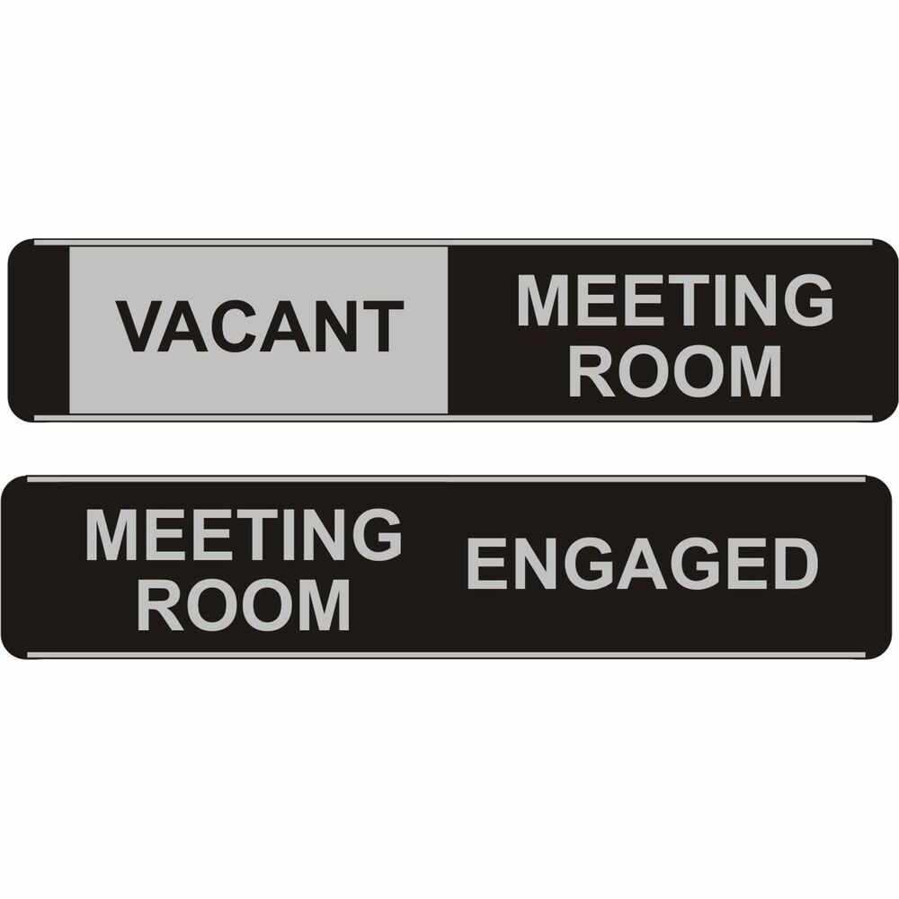 SSCBA101 - Ideal to display on meeting room doors, this stylish Door Sign with slider lets passersby know at a glance if the room is vacant or occupied. Sign can read "VACANT MEETING ROOM" or "MEETING ROOM ENGAGED." Slider on the front of the sign slides into the position and covers the wording that is not relevant at that time. Aluminum/PVC interior sign has a self-adhesive strip backing for easy fixing.