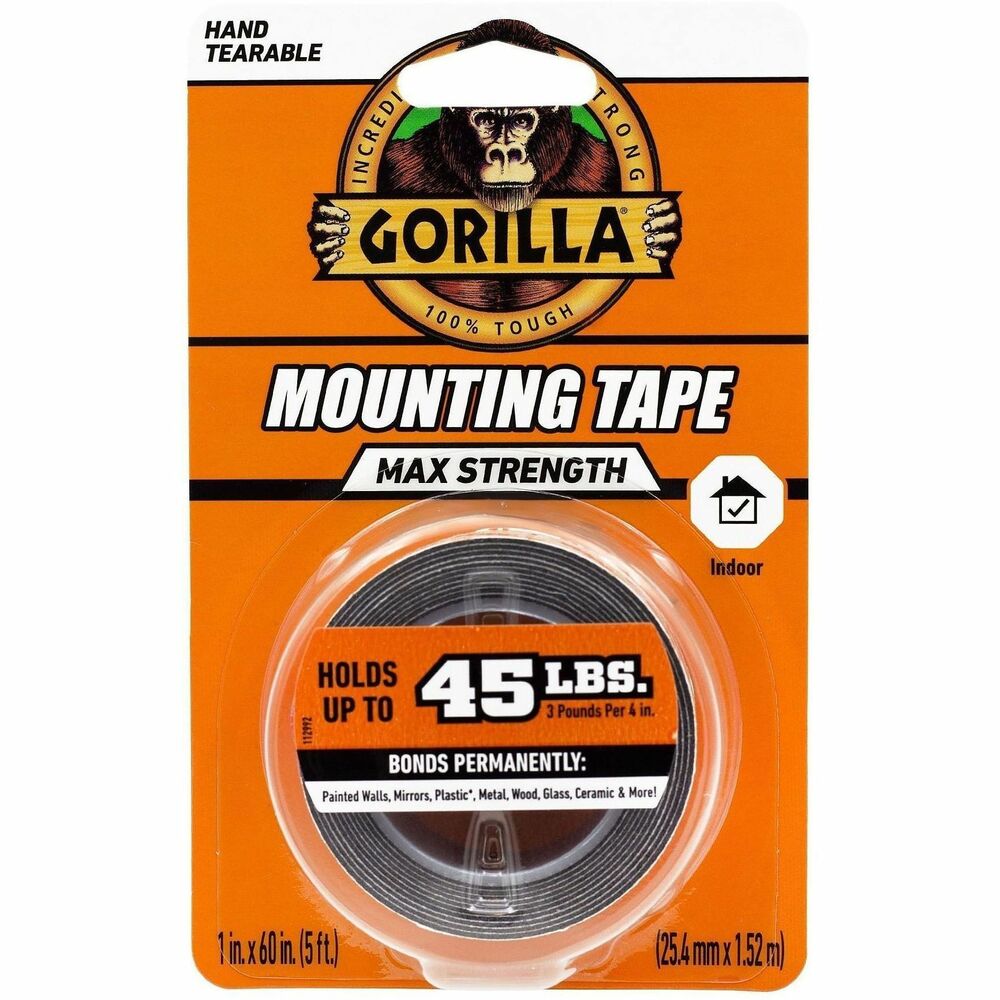 GOR112962 - Reinforced mesh makes Gorilla Max-Strength Mounting Tape 1.5 times stronger than Gorilla Heavy-Duty Mounting Tape. Form powerful, permanent bonds between multiple surfaces instantly in temperatures ranging from 40 degrees to 12 degrees Fahrenheit. For every 4" of double-sided tape, extra-strong adhesive can hold up to 3 lb. During application, simply tear tape by hand with no scissors needed. Best for indoor projects, mounting tape instantly bonds to painted walls, mirrors, plastic, metal, wood, glass, ceramic and more.