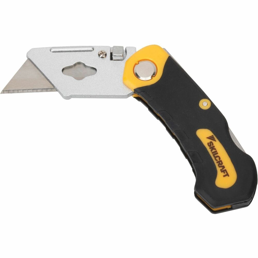 NSN7194844 - General Purpose Folding Utility Knife features an ergonomic handle and carbon steel blades. Two-sided, carbon steel blades have a pointed tip to hold firm on most surfaces. It is compatible with SKILCRAFT Utility Knife Replacement Blades (not included).