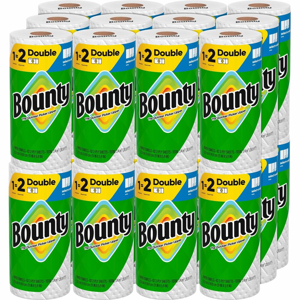 PGC15708 - Bounty Select-A-Size Paper Towels let you choose how much you need, depending on the size of the spill. Rolls of two-ply perforated towels deliver the same strength, absorbency and cloth-like durability you expect with Bounty towels so you can clean the mess with less. Twice as absorbent as the leading ordinary brand, they clean up messes quicker and use less. Each sheet features a Durable Diamond Texture to tackle anything from everyday spills to tough projects throughout your home. Super-absorbent towels handle spills fast with 25 percent thicker quilts so one sheet locks in the mess. Change the roll less often with these larger rolls. Each roll fits standard, kitchen towel dispensers for perforated rolls.Rebate: Up To 50% Savings on P&G Pro Case View Rebate Details