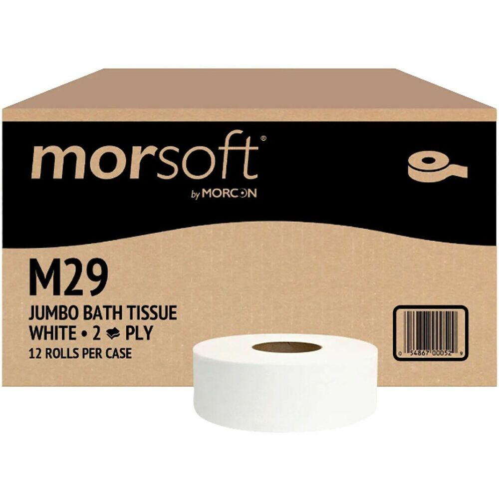 MOR29 - Morsoft Jumbo Roll Tissue delivers quality bath tissue for high-traffic venues. They help keep restrooms fully stocked with absorbent tissue for reduced run-outs and changeovers, saving on maintenance. Made from recycled material, this bath tissue meets EPA guidelines for post-consumer content. Jumbo rolls fit most universal JRT jumbo-roll tissue dispensers.