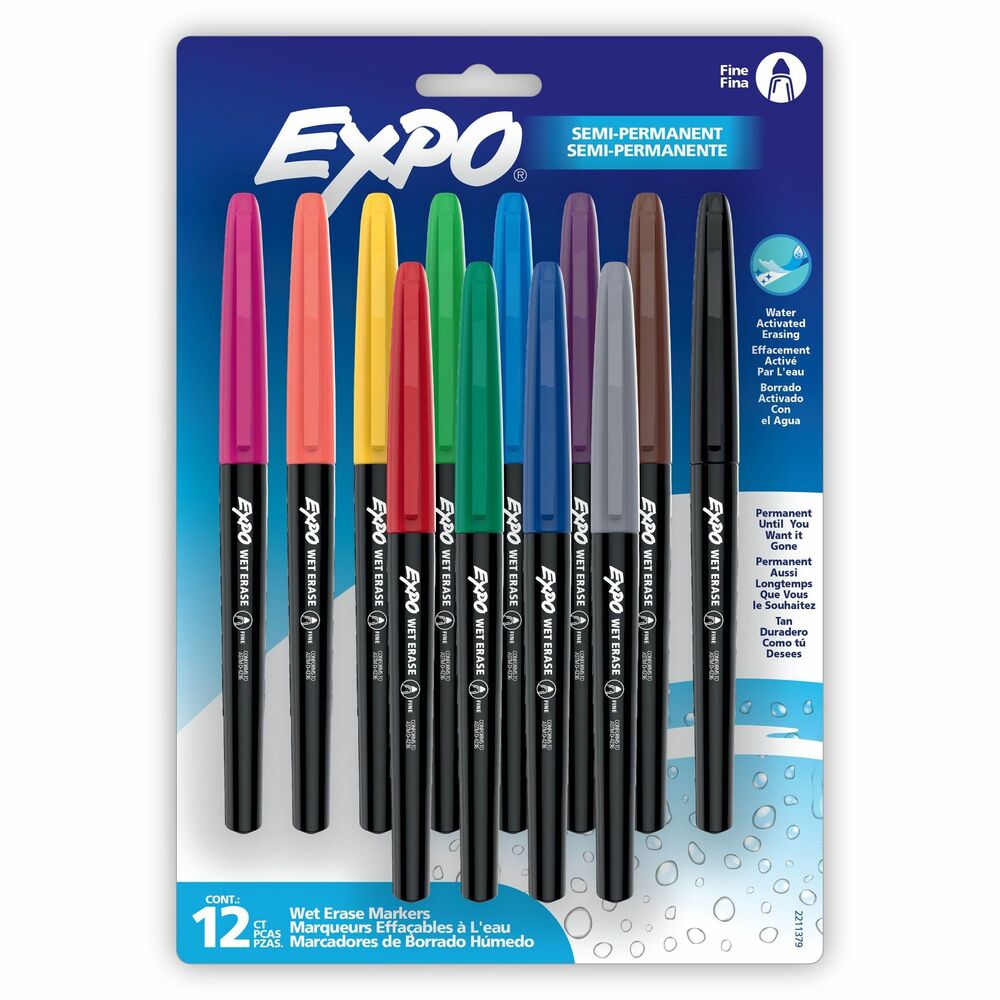 SAN2211379 - Adapt and evolve your ideas with ease using EXPO Wet-Erase. They make vibrant, sharp marks and are perfect for capturing plans that last, labeling with flair or creating colorful displays on glass, whiteboards and other nonporous surfaces. They are permanent until you want the marks gone. Thanks to water-activated erasing technology, they wipe clean with water for a fresh start.