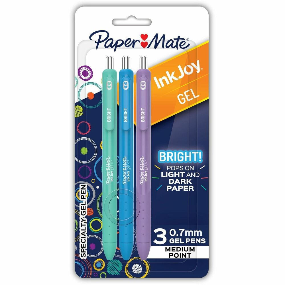 PAP2209788 - This collection of specialty pens feature vibrant colors so Paper Mate InkJoy pens radiate brighter than ever. Paint-like gel ink stands out on dark and light paper. They're perfect for your most intentional writing tasks - where you can slow down and let the bright colors shine. These creative pens are great for doodling, bullet journaling, cardmaking, creative accents and more. Simply bring the ink to life by warming the pen on scratch paper. For best results, avoid shiny, smooth or coated paper. Colors include Bright Seafoam, Bright Blue and Bright Amethyst.