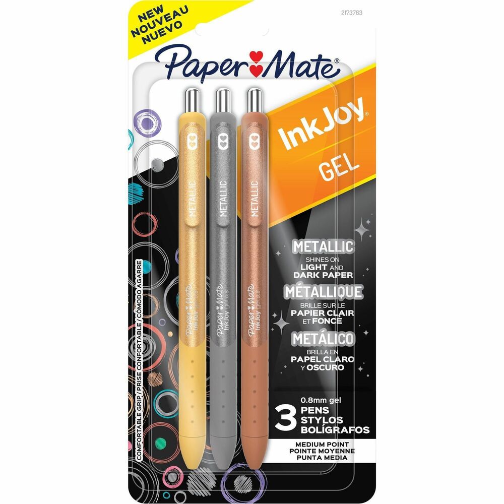 PAP2173763 - Make your writing shine with InkJoy Gel Metallic Pens, featuring ink that shimmers on both light and dark paper. Bright, smooth ink keeps the joy flowing as fast as your thoughts. They come fully wrapped with a comfort grip for an enjoyable writing experience throughout. Brighten up your daily writing tasks, homework, journaling. Colors include gold, silver and copper.