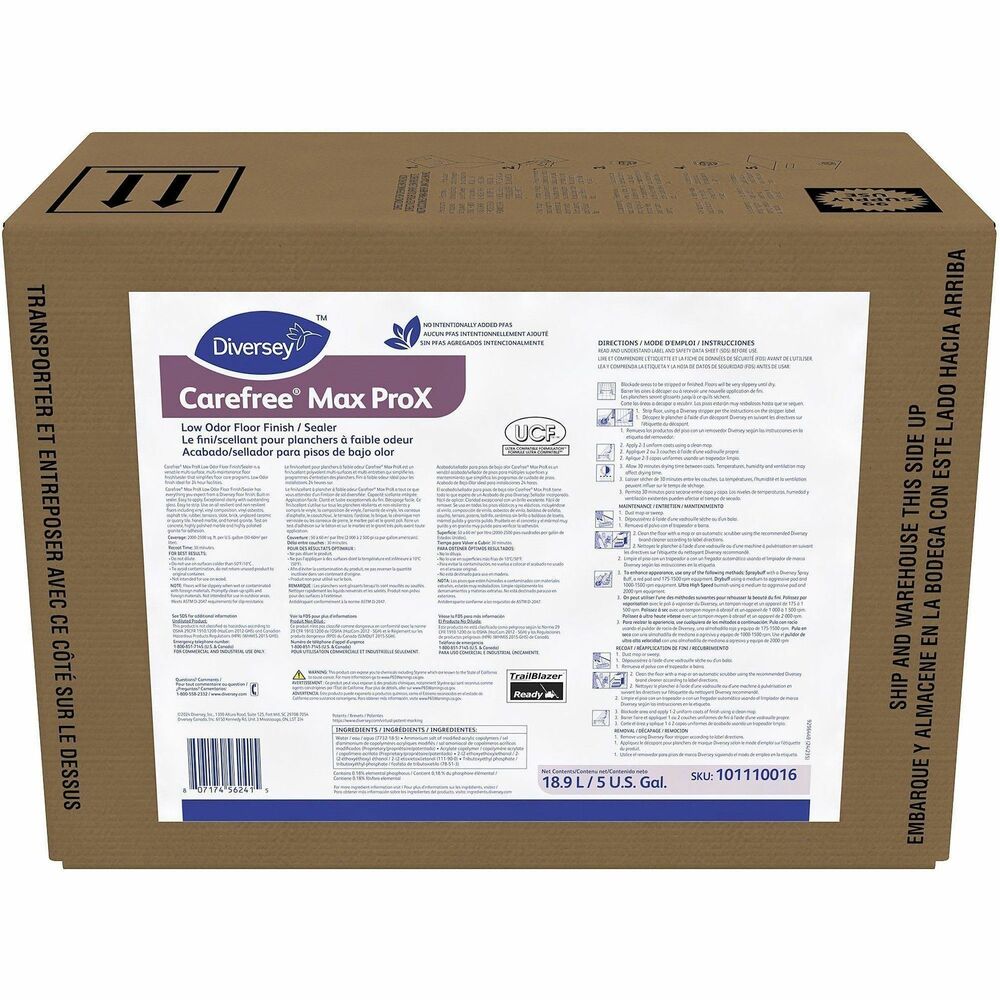 DVO101110016 - Carefree Max ProX Low-Odor Floor Finish/Sealer features a multisurface, multi-maintenance formula to simplify floor-care programs. Low-odor quality is ideal for 24-hour facilities. Versatile solution works with any maintenance method and equipment on all floor types. Easy-to-use finish quickly applies and removes from all floor types for quick use. Floor finish/sealer leaves finished floors with exceptional clarity, high gloss and excellent durability. It also meets the ASTM D-2047 slip-resistance requirement. Finish/Sealer does not contain any intentionally added PFAS (Perfluoroalkyl and Polyfluoroalkyl substances).