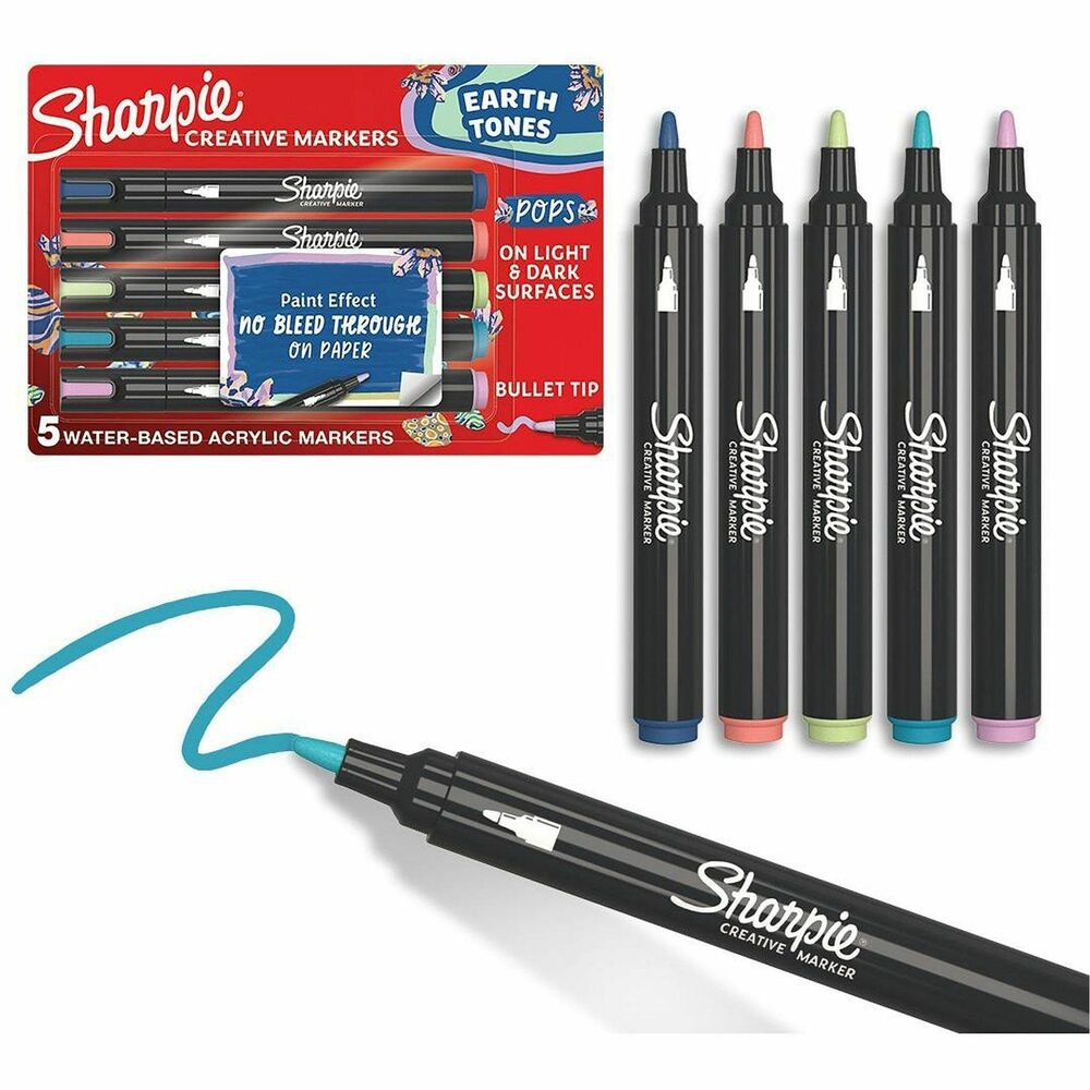 SAN2209902 - Bring your artistic vision to life with Sharpie Creative Markers. They feature paint-like ink that won't bleed through paper. Color markers create vibrant marks on light and dark surfaces including paper, metal, wood, ceramic, glass, rock and canvas. No priming is required. Simply uncap and go. Colors include dark blue, Dazzling Blue, Red Orange, Light Spring and Light Purple.