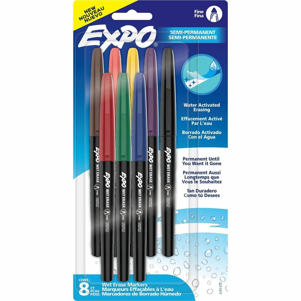 SAN2211317 - Adapt and evolve your ideas with ease using EXPO Wet-Erase. They make vibrant, sharp marks and are perfect for capturing plans that last, labeling with flair or creating colorful displays on glass, whiteboards and other nonporous surfaces. They are permanent until you want the marks gone. Thanks to water-activated erasing technology, they wipe clean with water for a fresh start.