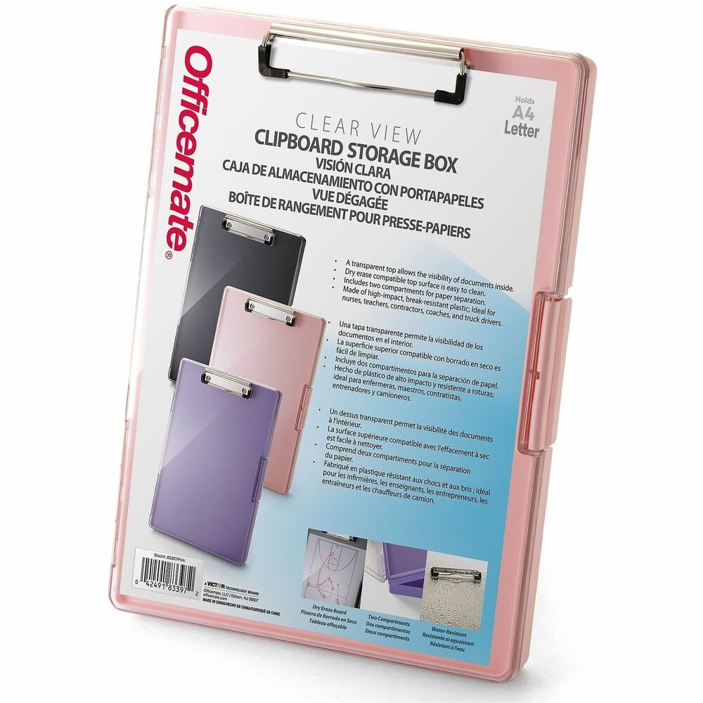 OIC83397 - A transparent top allows visibility of documents inside. Dry-erase compatible top surface is easy to clean. Includes two compartments for paper separation. Made of high-impact, break-resistant plastic. Ideal for nurses, teachers, contractors, coaches, and truck drivers. 10.6 x 14 x 10.2 in. Pink.