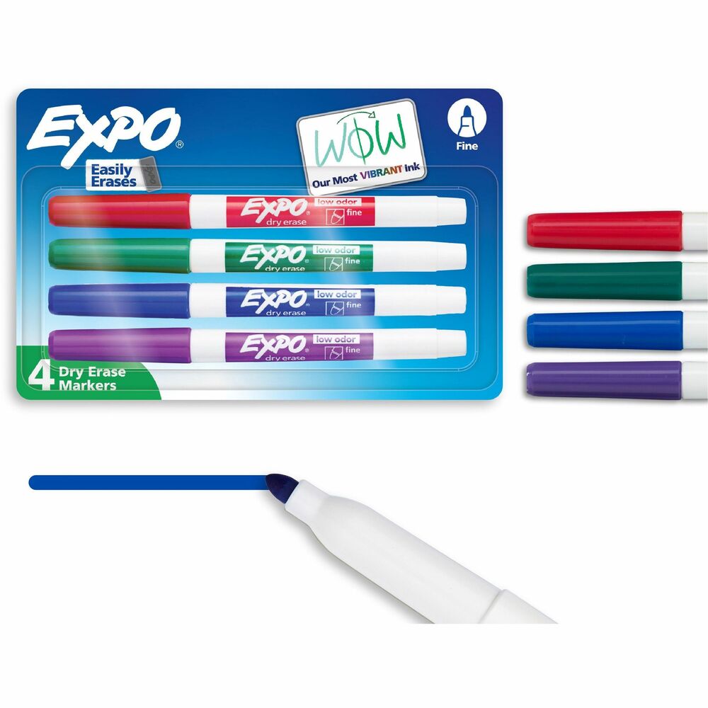 SAN2138430A - Capture ideas, share information and organize life with vivid, EXPO Dry-Erase Markers. This vibrant marker collection helps everything come across clearly - from big ideas to fine details. Presentation markers are made for the whiteboard and beyond with ink that pops on glass, acrylic and other clear, nonporous surfaces. They're perfect for planning, presentations, lessons, calendars, home organization and more. Plus, the wide color range of these whiteboard markers adds versatility and personalization to any of your marking. Accent with a colorful doodle or sketch if you're a teacher or parent. Fine tip delivers accurate, detailed lines. With an EXPO eraser or dry cloth, the ink erases cleanly and easily so no wasted time in any brainstorm session. Low-odor markers are great for classrooms, offices and homes.