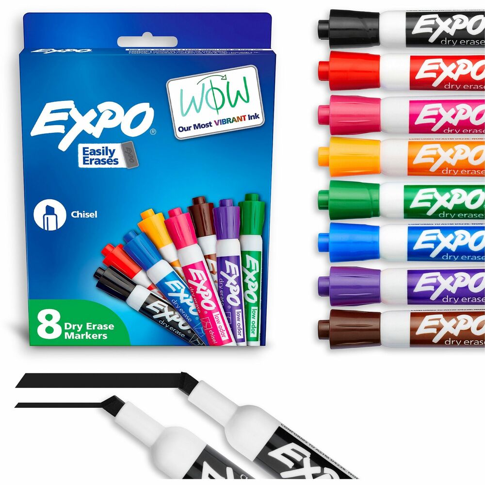 SAN80078A - Capture ideas, share information and organize life with vivid, EXPO Dry-Erase Markers. This vibrant marker collection helps everything come across clearly - from big ideas to fine details. Presentation markers are made for the whiteboard and beyond with ink that pops on glass, acrylic and other clear, nonporous surfaces. They're perfect for planning, presentations, lessons, calendars, home organization and more. Plus, the wide color range of these whiteboard markers adds versatility and personalization to any of your marking. Accent with a colorful doodle or sketch if you're a teacher or parent. Versatile chisel tip creates multiple line widths. With an EXPO eraser or dry cloth, the ink erases cleanly and easily so no wasted time in any brainstorm session. Low-odor markers are great for classrooms, offices and homes. More from the Manufacturer