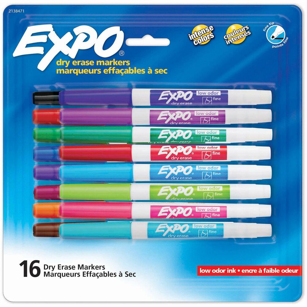 SAN2138471A - Capture ideas, share information and organize life with vivid, EXPO Dry-Erase Markers. This vibrant marker collection helps everything come across clearly - from big ideas to fine details. Presentation markers are made for the whiteboard and beyond with ink that pops on glass, acrylic and other clear, nonporous surfaces. They're perfect for planning, presentations, lessons, calendars, home organization and more. Plus, the wide color range of these whiteboard markers adds versatility and personalization to any of your marking. Accent with a colorful doodle or sketch if you're a teacher or parent. Fine tip delivers accurate, detailed lines. With an EXPO eraser or dry cloth, the ink erases cleanly and easily so no wasted time in any brainstorm session. Low-odor markers are great for classrooms, offices and homes.