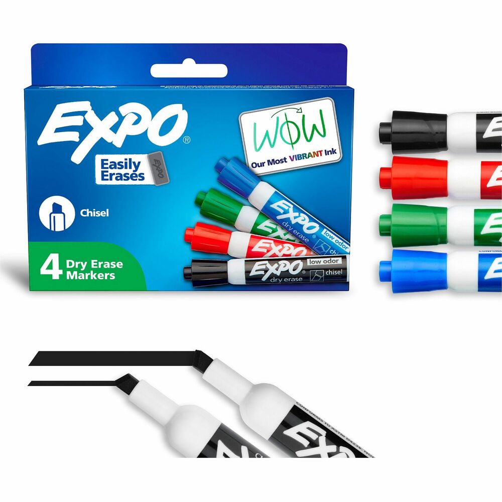 SAN80074A - Capture ideas, share information and organize life with vivid, EXPO Dry-Erase Markers. This vibrant marker collection helps everything come across clearly - from big ideas to fine details. Presentation markers are made for the whiteboard and beyond with ink that pops on glass, acrylic and other clear, nonporous surfaces. They're perfect for planning, presentations, lessons, calendars, home organization and more. Plus, the wide color range of these whiteboard markers adds versatility and personalization to any of your marking. Accent with a colorful doodle or sketch if you're a teacher or parent. Versatile chisel tip creates multiple line widths. With an EXPO eraser or dry cloth, the ink erases cleanly and easily so no wasted time in any brainstorm session. Low-odor markers are great for classrooms, offices and homes. More from the Manufacturer