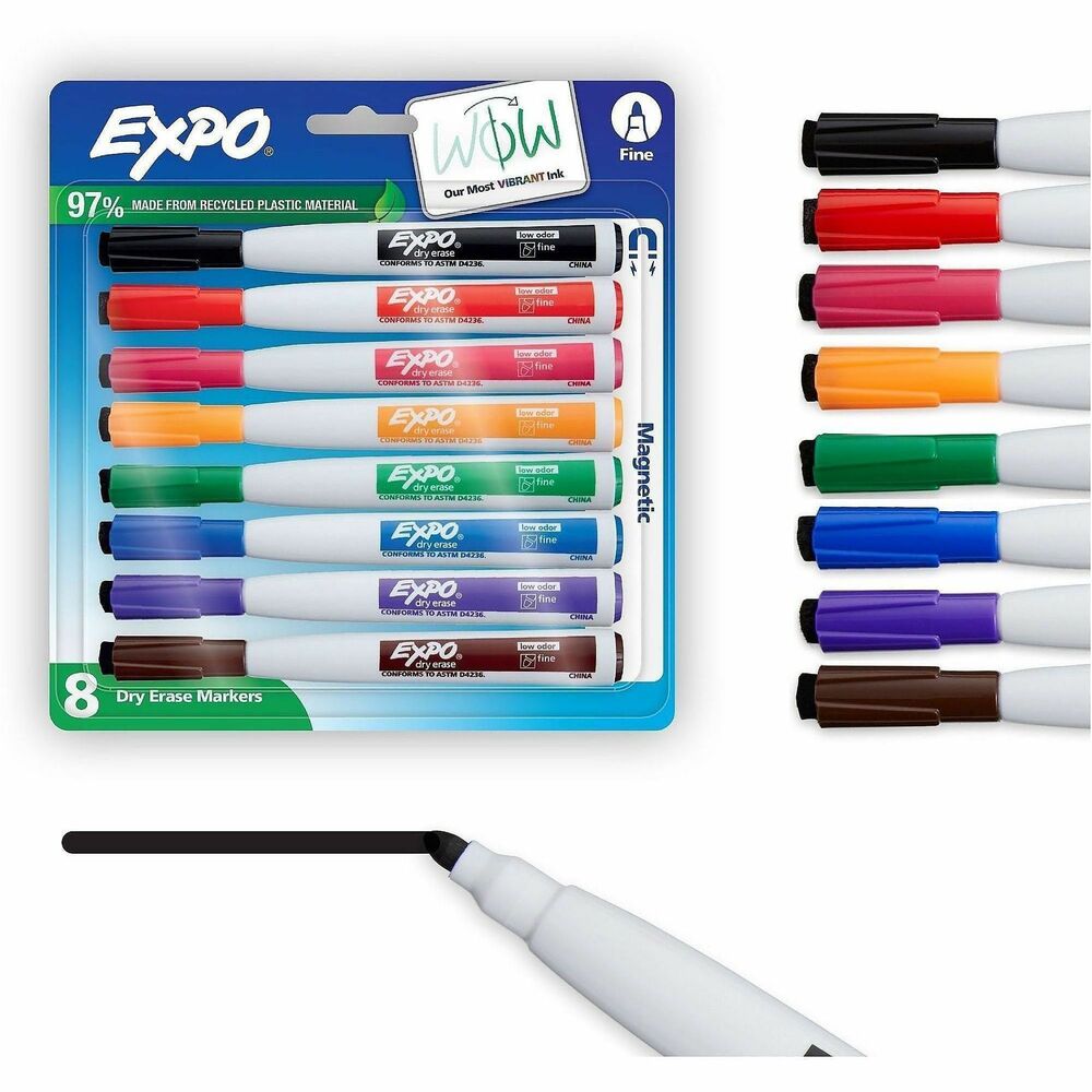 SAN1944748A - Keep your dry-erase markers locked and ready on any metal surface with Magnetic Dry-Erase Markers. Integrated magnet in these EXPO markers provides convenient storage on metal-backed whiteboards, refrigerators and other metal surfaces. Cap features a handy EXPO eraser for precise and easy erasing. With ink more vibrant than ever, these markers help you capture ideas, share information and organize life in vivid color. Fine tip delivers accurate, detailed lines. Markers are perfect for planning, presentations, lessons, calendars, home organization and more. More from the Manufacturer