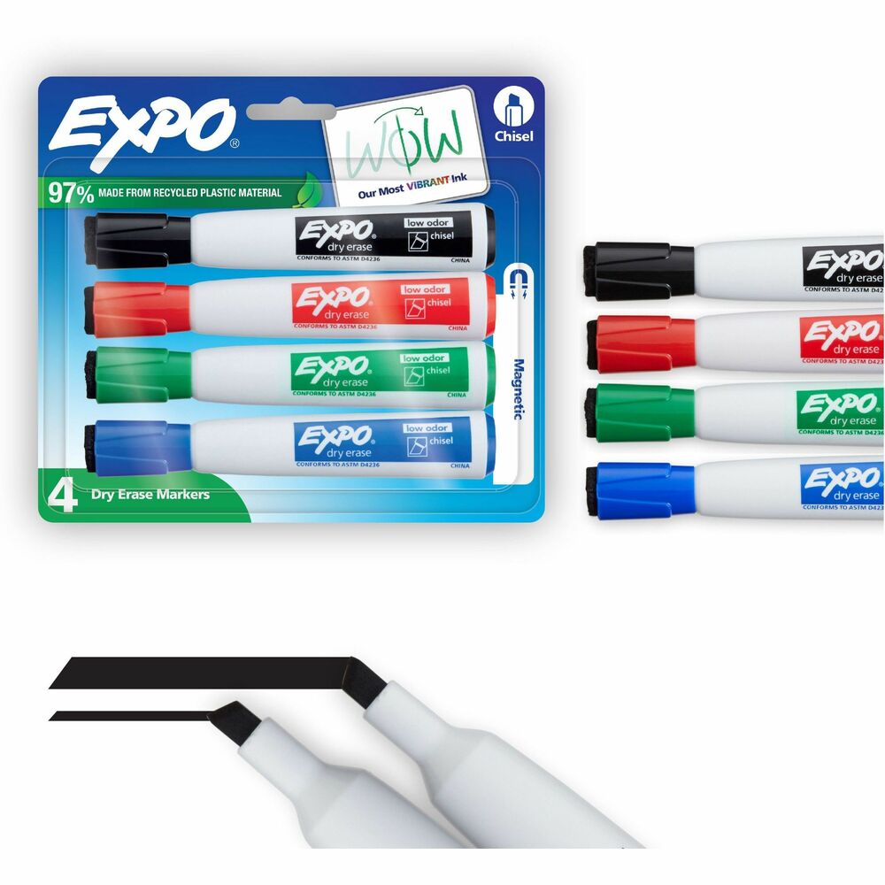 SAN1944728A - Keep your dry-erase markers locked and ready on any metal surface with Magnetic Dry-Erase Markers. Integrated magnet in these EXPO markers provides convenient storage on metal-backed whiteboards, refrigerators and other metal surfaces. Cap features a handy EXPO eraser for precise and easy erasing. With ink more vibrant than ever, these markers help you capture ideas, share information and organize life in vivid color. Versatile chisel tip creates multiple line widths. Markers are perfect for planning, presentations, lessons, calendars, home organization and more. More from the Manufacturer
