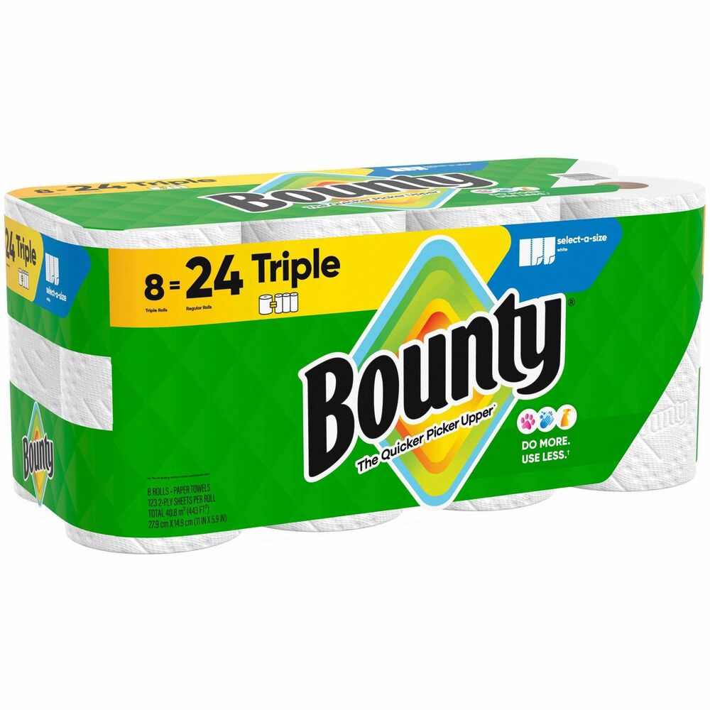 PGC16014 - Bounty Select-A-Size Paper Towels let you choose how much you need, depending on the size of the spill. Rolls of two-ply perforated towels deliver the same strength, absorbency and cloth-like durability you expect with Bounty towels so you can clean the mess with less. Twice as absorbent as the leading ordinary brand, they clean up messes quicker and use less. Each sheet features a Durable Diamond Texture to tackle anything from everyday spills to tough projects throughout your home. Super-absorbent towels handle spills fast with 25 percent thicker quilts so one sheet locks in the mess. Change the roll less often with these larger rolls. Each roll fits standard, kitchen towel dispensers for perforated rolls.