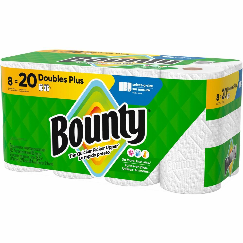PGC19274 - Bounty Select-A-Size Paper Towels let you choose how much you need, depending on the size of the spill. Rolls of two-ply perforated towels deliver the same strength, absorbency and cloth-like durability you expect with Bounty towels so you can clean the mess with less. Twice as absorbent as the leading ordinary brand, they clean up messes quicker and use less. Each sheet features a Durable Diamond Texture to tackle anything from everyday spills to tough projects throughout your home. Super-absorbent towels handle spills fast with 25 percent thicker quilts so one sheet locks in the mess. Change the roll less often with these larger rolls. Each roll fits standard, kitchen towel dispensers for perforated rolls.