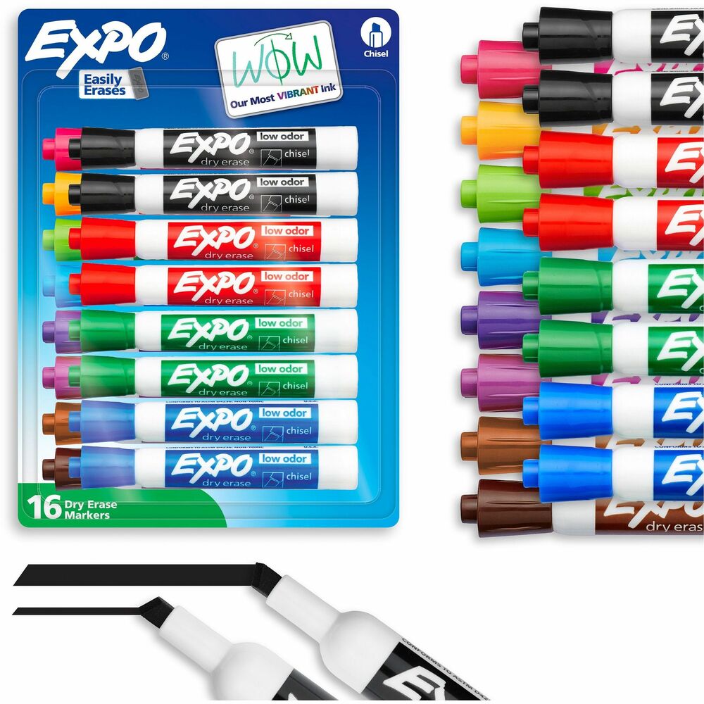 SAN81045A - Capture ideas, share information and organize life with vivid, EXPO Dry-Erase Markers. This vibrant marker collection helps everything come across clearly - from big ideas to fine details. Presentation markers are made for the whiteboard and beyond with ink that pops on glass, acrylic and other clear, nonporous surfaces. They're perfect for planning, presentations, lessons, calendars, home organization and more. Plus, the wide color range of these whiteboard markers adds versatility and personalization to any of your marking. Accent with a colorful doodle or sketch if you're a teacher or parent. Versatile chisel tip creates multiple line widths. With an EXPO eraser or dry cloth, the ink erases cleanly and easily so no wasted time in any brainstorm session. Low-odor markers are great for classrooms, offices and homes. More from the Manufacturer