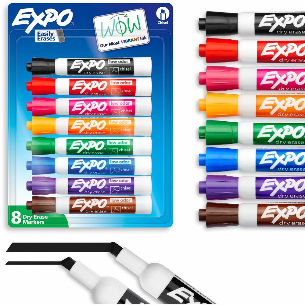 SAN80678A - Capture ideas, share information and organize life with vivid, EXPO Dry-Erase Markers. This vibrant marker collection helps everything come across clearly - from big ideas to fine details. Presentation markers are made for the whiteboard and beyond with ink that pops on glass, acrylic and other clear, nonporous surfaces. They're perfect for planning, presentations, lessons, calendars, home organization and more. Plus, the wide color range of these whiteboard markers adds versatility and personalization to any of your marking. Accent with a colorful doodle or sketch if you're a teacher or parent. Versatile chisel tip creates multiple line widths. With an EXPO eraser or dry cloth, the ink erases cleanly and easily so no wasted time in any brainstorm session. Low-odor markers are great for classrooms, offices and homes.