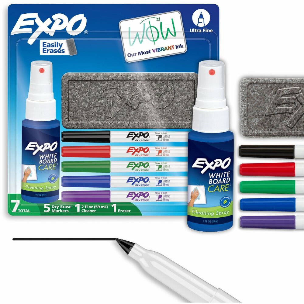 SAN1884310A - Get everything you need to capture ideas, share information and organize life with Dry-Erase Marker Kit. This collection of vibrant markers helps everything come across clearly - from big ideas to fine details. Presentation markers are made for the whiteboard and beyond with ink that pops on glass, acrylic and other clear, nonporous surfaces. They're perfect for planning, presentations, lessons, calendars, home organization and more. Wide range of colors of these whiteboard markers add versatility and personalization to any of your marking. Accent with a colorful doodle or sketch if you're a teacher or parent. Ultra-fine tip markers deliver precise marking in tight spaces. Low-odor markers are great for classrooms, offices and homes. This kit includes five ultra-fine tip markers in assorted colors plus an EXPO eraser and cleaner spray. More from the Manufacturer