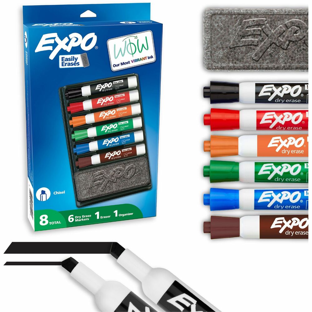 SAN80556A - Capture ideas, share information and organize life with Dry-Erase Marker Kit. This collection of vibrant markers helps everything come across clearly - from big ideas to fine details. Presentation markers are made for the whiteboard and beyond with ink that pops on glass, acrylic and other clear, nonporous surfaces. They're perfect for planning, presentations, lessons, calendars, home organization and more. Plus, the wide range of colors of these whiteboard markers add versatility and personalization to any of your marking. Accent with a colorful doodle or sketch if you're a teacher or parent. Versatile chisel tip creates multiple line widths. This kit includes an EXPO eraser to easily and cleanly erase and an organizer that stores all your items. More from the ManufacturerRebate: $25 Visa Card with $75 Newell Brands Buy View Rebate Details