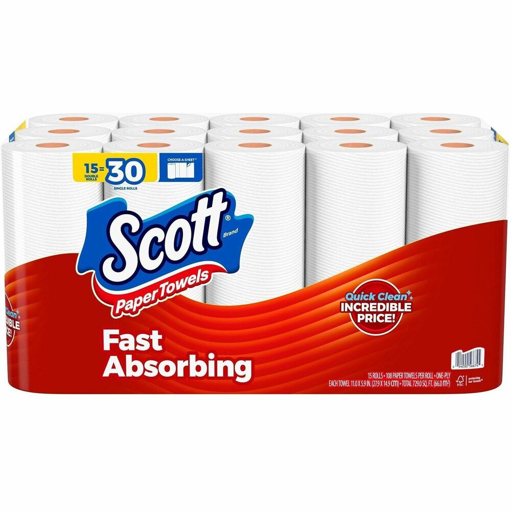 KCC56674 - Disposable kitchen paper towels soak up spills quickly with Quick Absorbing Ridges. Scott brand delivers the quality you can rely on. Choose-A-Sheet design allows you to grab exactly what you need to prevent wasteful use. 15 Double Rolls of Scott Choose-A-Sheet equal 30 rolls of standard paper towels. Disposable paper towels are virtually lint-free when you wipe to help you leave any surface spotless. Scott brand paper towels are FSC-certified and have 100 percent paper fibers sourced from responsibly managed forests.