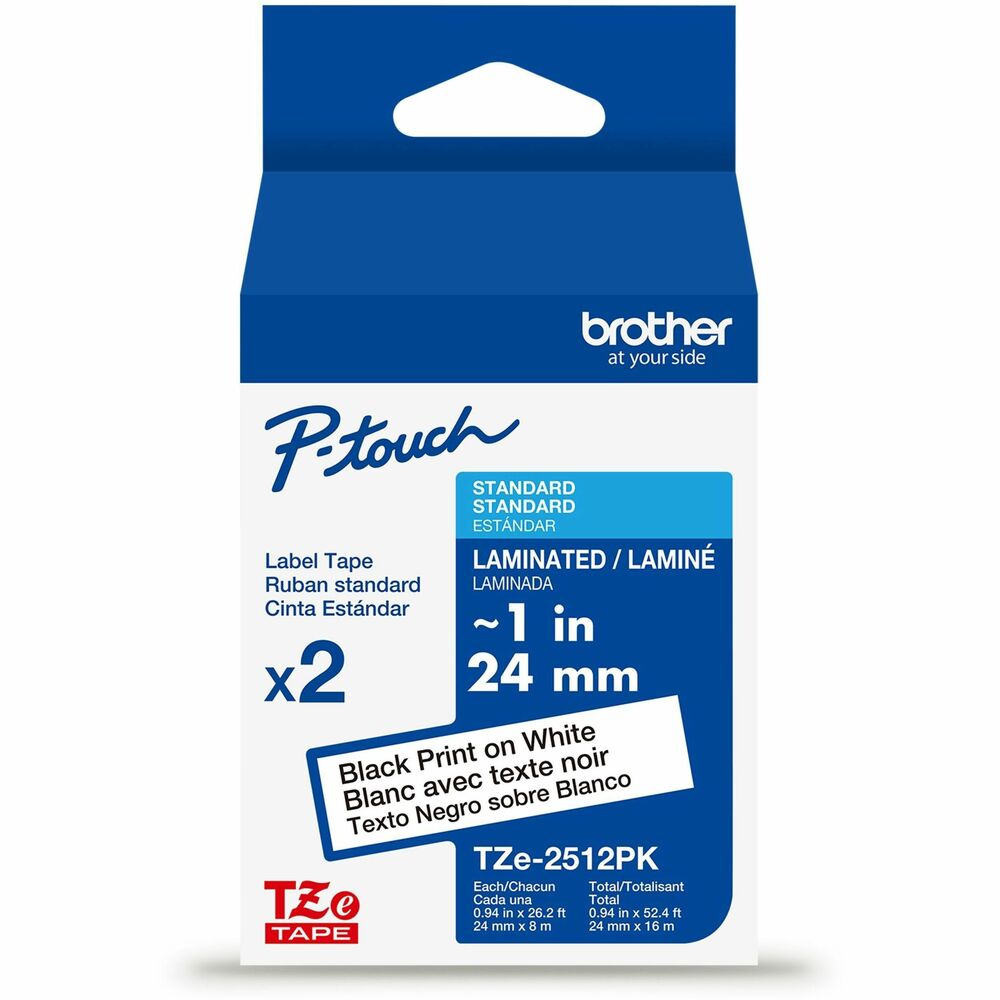 BRTTZE2512PKG - Not all labels are created equally. Engineered by Brother for use with a variety of Brother P-touch Label Makers, Brother Genuine TZe Laminated Label Tapes offer an unbeatable combination of effortless customization, long-lasting performance, and impressive strength. The patented seven-layer lamination technology provides remarkable resistance to wear and tear, and label text is printed between layers, so messaging remains. Featuring Easy Peel split backings and outstanding adhesion, they are an effective option for application on smooth, round, and textured surfaces. Tested to perform in a range of environments, these label tapes withstand temperatures from freezing to boiling. Plus, they're resistant to fading caused by sunlight and damage due to water, making them ideal for indoor and outdoor use.  Chemical Resistant: TZe Laminated Label Tapes can be used on items and in areas that require frequent sanitizing with cleaners, wipes, and bleach. Restaurant kitchens, school cafeterias, tattoo shops, nursery schools, breakrooms, customer service counters. Water Resistant: TZe Laminated Label Tapes can be used in areas and on items with frequent water exposure. Hotel pool areas, backyard hot tubs, under-sink storage, laundry rooms, barber shops, fishing gear, outdoor garbage bins, dishwashers, and microwave-safe food storage. Abrasion Resistant: TZe Laminated Label Tapes can be used on items in public environments like municipal offices and government buildings or in home settings where items are often shared, accessed, or moved. Heavy storage containers, warehouse goods, power tools, dental office files, legal office binders, entry/exit doors in public buildings. Fade Resistant: TZe Laminated Label Tapes can be used in areas and on items that are exposed to sunlight. Retail store windows, flowerbeds, marinas, used car lots, swap meets, BBQ tools and accessories. Offered in multiple sizes and colors, the extensive range of TZe Laminated Label Tapes is further expanded with premium and specialty options that are perfect for more specific uses. For durable, long-lasting custom label solutions, depend on Brother TZe Laminated Label Tapes - labels that work hard to simplify the hard work of identification and organization.  Images are for illustrative purposes only. Actual output (such as font and margins) may vary. Tape widths listed in inches are approximate. Actual tape widths are listed in millimeters (mm).