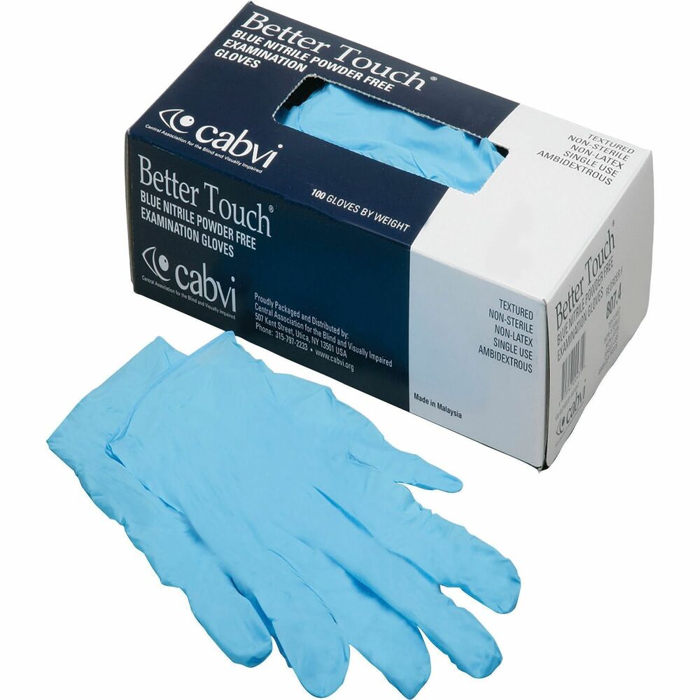 NSNNIB0237 - Medical-Grade Synthetic Gloves offer a solution to those allergic to natural latex protein. 100 percent synthetic nitrile polymer is nonsterile, 4 mil thick, powder-free and textured on the fingertips for a strong grip in both wet and dry applications. It resists punctures and chemicals. Ambidextrous, 9.5" long gloves are not made with natural rubber latex. They are tested for use with chemotherapy drugs and mandatory only for U.S. Department of Veterans Affairs.