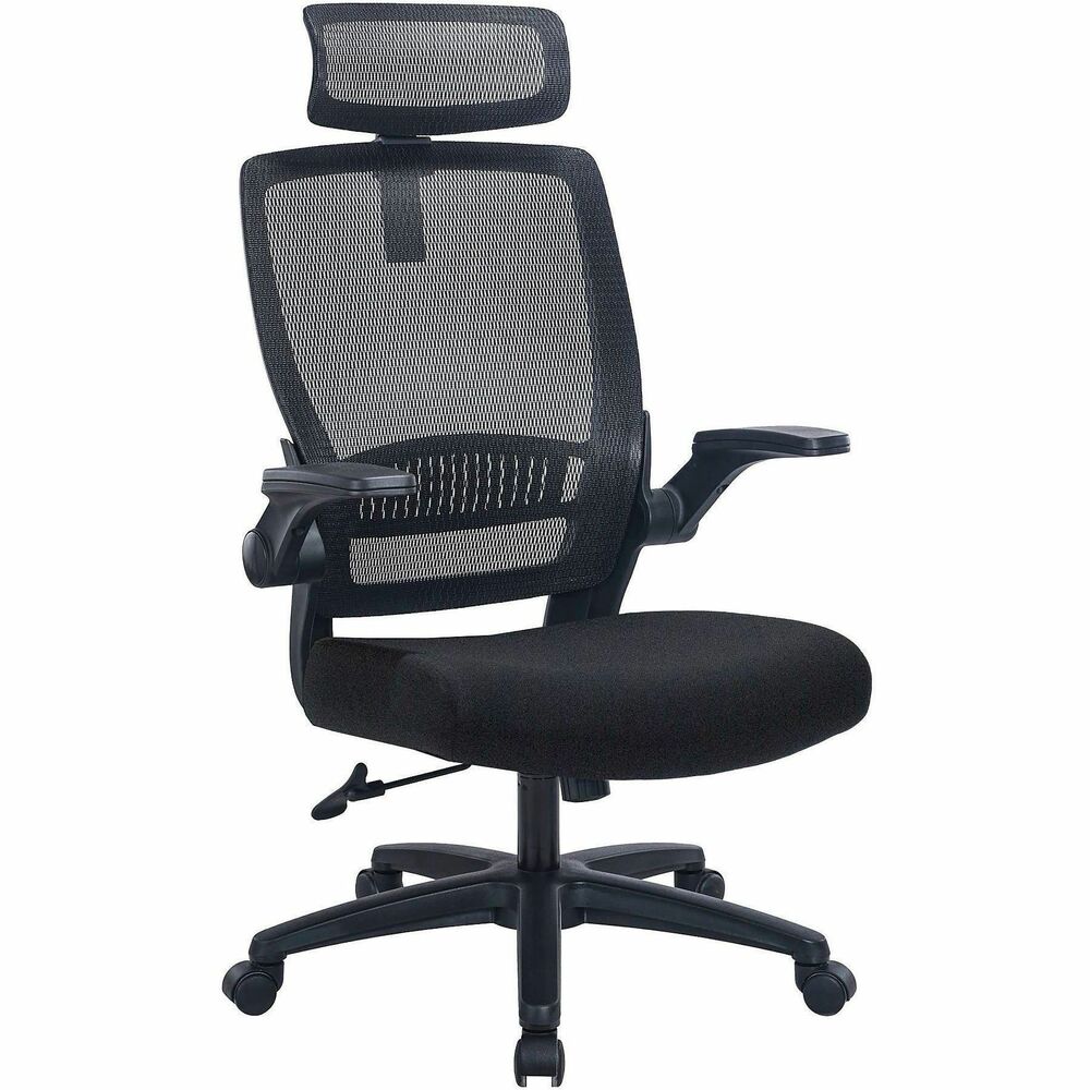 LLR63210 - High-back Mesh Chair with headrest features breathable mesh back for flexible support and cushioned seating with fabric upholstery. Flip-up, padded arms also offer flexibility to move out of your way when comfort demands. Comfort features include seat-height adjustment, tilt and tilt lock. Other functions include 360-degree swivel and tilt tension adjustment. Nylon, five-star base is equipped with dual-wheel casters for easy rolling from task to task. Capacity is 275 lb.