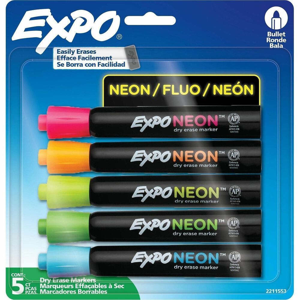 SAN2211553 - Capture ideas, share information and organize life with vivid, EXPO Dry-Erase Markers. This vibrant marker collection helps everything come across clearly - from big ideas to fine details. Presentation markers are made for the whiteboard and beyond with ink that pops on glass, acrylic and other clear, nonporous surfaces. They're perfect for planning, presentations, lessons, calendars, home organization and more. Bright neon colors shine on light and dark surfaces, including whiteboards, glass, acrylic and other clear, nonporous surfaces. Bullet tip creates bold writing. With an EXPO eraser or dry cloth, the ink erases cleanly and easily so no wasted time in any brainstorm session. Low-odor markers are great for classrooms, offices and homes.
