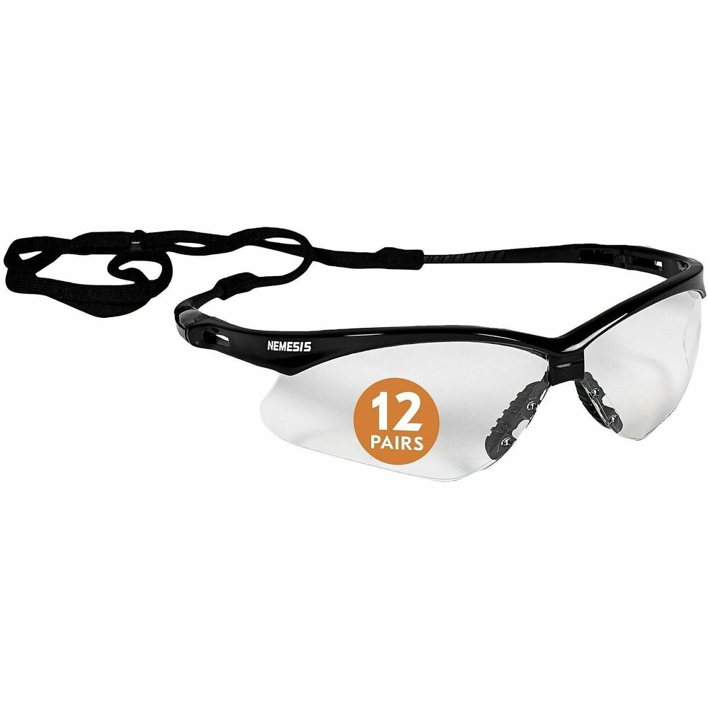 ANS25679 - Nemesis Safety Glasses provide effective eye protection and help prevent future eye damage and vision loss. Polycarbonate clear lenses with anti-fog coating offer 99.9 percent UV protection (UVA/UVB/UVC). Wraparound frames feature a base curve of eight and extend the rage of peripheral protection. Flexible nose piece design prevents slippage by channeling sweat away from the eyes. Included neck cord secures glasses to you. Sleek and modern safety glasses meet ANSIZ87.1+ standards and are ideal for construction, manufacturing and many other industries.