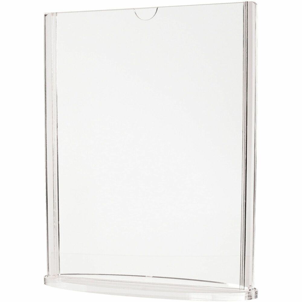 DEF4431 - Sturdy, oval-based sign holder effectively displays information for your foodservice and hospitality needs. Crystal-clear acrylic panels increase the visibility of important messages. Double-sided design showcases information from both the front and back. Acrylic frame allows sign and menu inserts to slide in easily from the top. Freestanding, sign holder is perfect for hotel, restaurant and retail use.