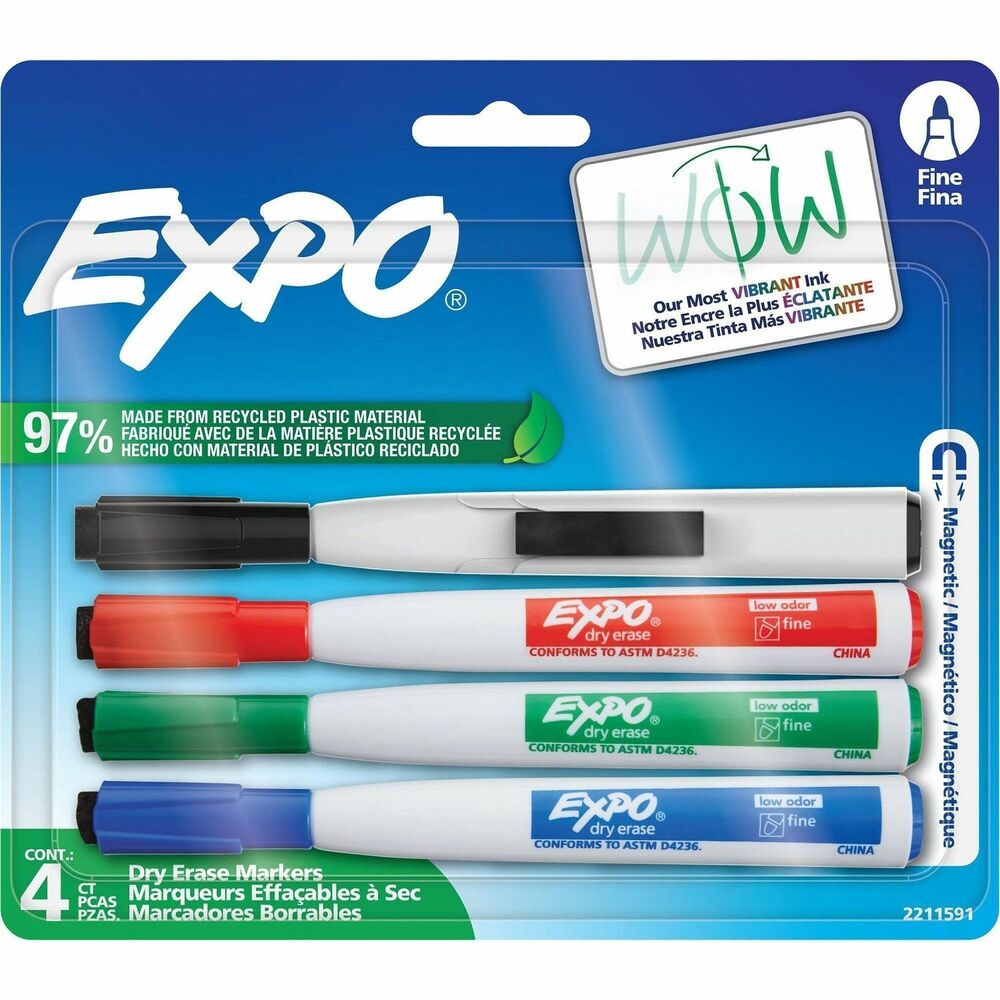SAN2211591 - Keep your dry-erase markers locked and ready on any metal surface with Magnetic Dry-Erase Markers. Integrated magnet provides convenient storage on metal-backed whiteboards, refrigerators and other metal surfaces. Cap features a handy EXPO eraser for precise and easy erasing. With ink more vibrant than ever, these markers help you capture ideas, share information and organize life in vivid color. They're perfect for planning, presentations, lessons, calendars, home organization and more.