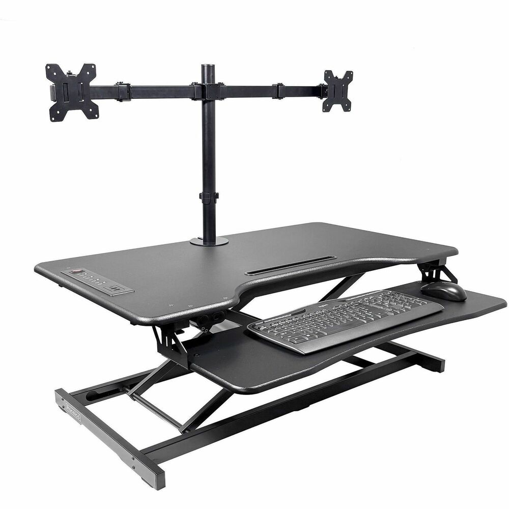 RCLREDR2BDM2 - Electric Desk Riser's large workstation measures 37.4" wide x 15.75" deep and provides ample space for any projects. Desk Riser has a height range of 4.7" to 19.7" and can support up to 33 lb. Electric desk riser features a sleek finish and silently adjusts height settings at the touch of a single button. Fixed keyboard tray measures 31.8" wide x 11.8" deep and holds anything from a simple keyboard to an additional laptop. For added convenience, desk riser bundle includes four AC outlets, two USB 2.0 ports and a 10.5" slot to hold a tablet or mobile phone. Dual-monitor mount (included) uses standard 7.5x7.5cm or 10x10cm mounting patterns and securely attaches two screens that measure up to 27" and 17.6 lb. each. Versatile mount allows monitors to tilt approximately 45 degrees, swivel 180 degrees and rotate 360 degrees. Benefits of alternating between sitting and standing positions while working include reduced back pain and strain and a boost in overall health and energy.