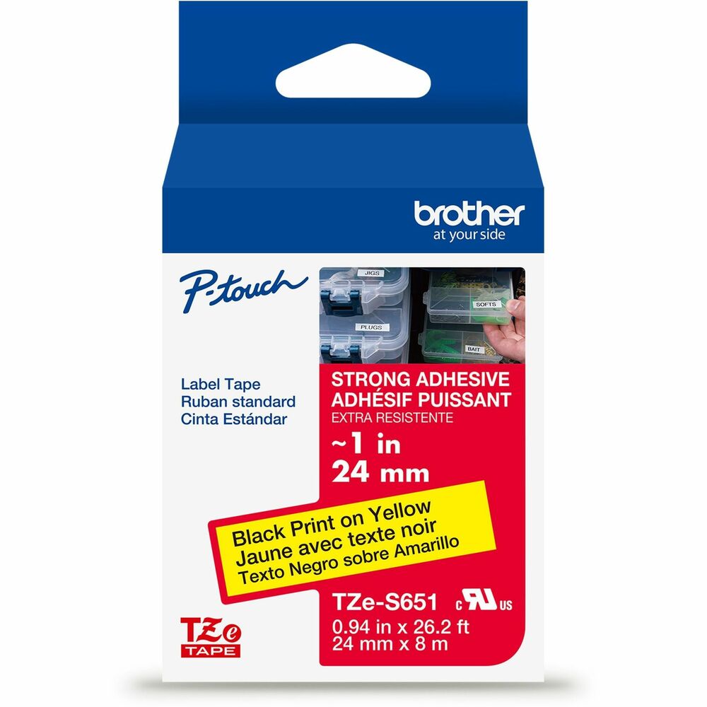 BRTTZES651G - With twice the adhesive power of our standard TZe label tapes, Brother Genuine TZe Strong Adhesive Label Tapes are tough enough for almost any job. Apply them with confidence knowing your label will stick there and stay there. A reliable choice for both indoor and outdoor applications, these strong and durable tapes can be used confidently in harsh environments and on rough/uneven surfaces. Use these labels anywhere that needs extra sticking power, like warehouses, schools, stockrooms, production floors, and heavy equipment. TZe Strong Adhesive Laminated Label Tapes are: Chemical Resistant: Tested for resistance to many different chemicals, TZe Strong Adhesive Laminated Label Tapes can be used in areas and on items that require frequent cleaning with common cleaners like bleach or wipes. Great for use in medical offices, on cleaning supplies, in hospitals, and in restaurants. Water Resistant: Able to withstand water and humidity, TZe Strong Adhesive Laminated Label Tapes can be used in areas and on items with frequent water exposure. Ideal for use on docks and boats, home or industrial kitchens and freezers, outdoor equipment storage, and bathrooms. Abrasion Resistant: Engineered to perform in harsh environments, TZe Strong Adhesive Laminated Label Tapes can be used on items that are frequently shared, moved or accessed in public or home settings, like sports equipment, storage containers, industrial equipment, and more. Fade Resistant: TZe Strong Adhesive Laminated Label Tapes can be used in areas and on items exposed to sunlight, such as lawnmowers and gardening tools. Using 18mm label tapes, QR codes can be added to outdoor signage and tables in outdoor cafes. With long-lasting, extra-strength adhesion and easy-to-read print quality, you can be confident that TZe Strong Adhesive Laminated Label Tapes will help you keep almost anything organized. Like all Brother P-touch TZe Tapes, TZe Strong Adhesive Laminated Label Tapes are designed to work seamlessly with a variety of Brother P-touch Label Makers and are engineered for effortless customization, long-lasting performance, and impressive durability.  Images are for illustrative purposes only. Actual output (such as font and margins) may vary. Tape widths listed in inches are approximate. Actual tape widths are listed in millimeters (mm).