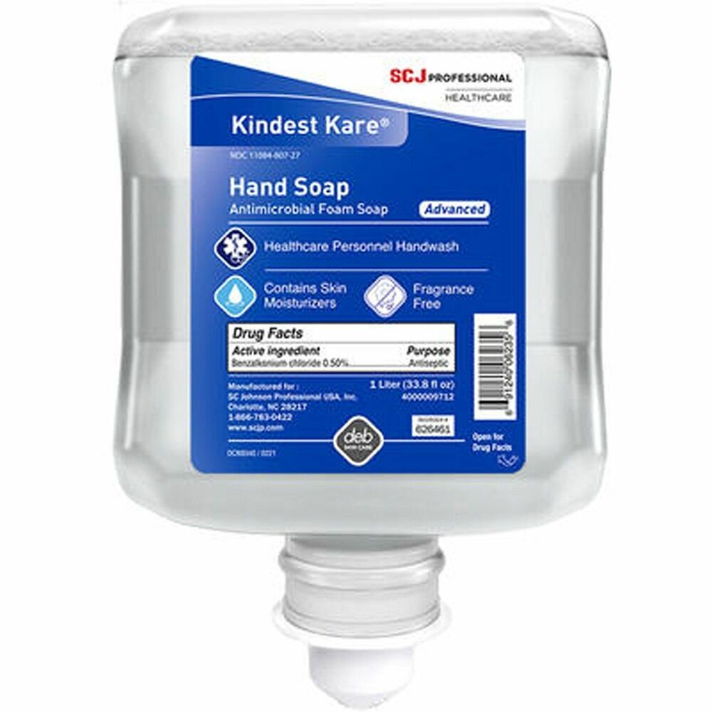 SJN626461 - Kindest Kare Advanced Handwash is a mild, antimicrobial foaming handwash designed for frequent use in healthcare settings. Highly effective, broad-spectrum activity is clinically proven to kill up to 99.9999 percent of many common organisms. This healthcare personnel handwash delivers excellent foam quality that enables users to rapidly and easily rub across hands with good control. Rich foam is also pleasant for frequent use, which helps encourage maximum compliance. Non-drying formula has been independently tested and proven to maintain skin moisture. It is also hypoallergenic, perfume-free and dye-free, making it an ideal healthcare handwash. Handwash cartridge works in Healthcare Proline Quickview Dispensers and Healthcare TouchFREE Ultra Dispensers.
