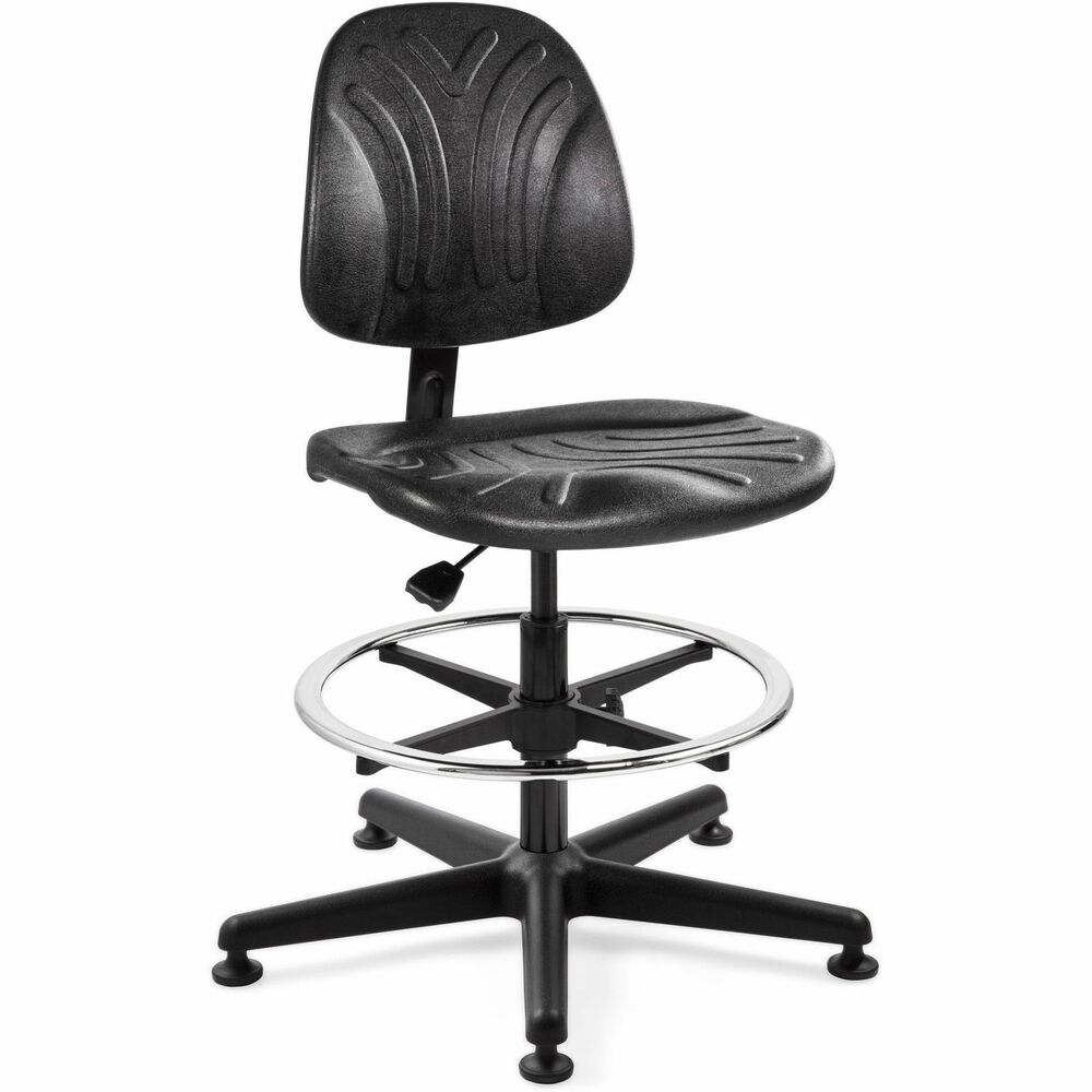 BVM7500D - Dura Heavy-Duty Chair with footring offers extra strength. durability and unwavering support. Perfect for unpredictable work environments, antibacterial polyurethane upholstery is nonslip and resistant to water, oil, most chemicals and punctures. Contours and waterfall seat improve lower-body circulation and encourage proper spine alignment. Pneumatic, non-tilt adjustment allows you to alter both seat height and back depth. Height settings from 21" to 31" ensure people of most heights can work comfortably and ergonomically. Along the office chair's base cylinder, a threaded knob adjusts the 20" chrome footring's height from 6.5" to 16.5". Supporting up to 350 lb., mushroom-glide feet and heavy-duty nylon base remain stable at any height setting. Seat size is 19.25" wide x 17.25" deep. Back measures 15.5" wide x 14.5" high.   