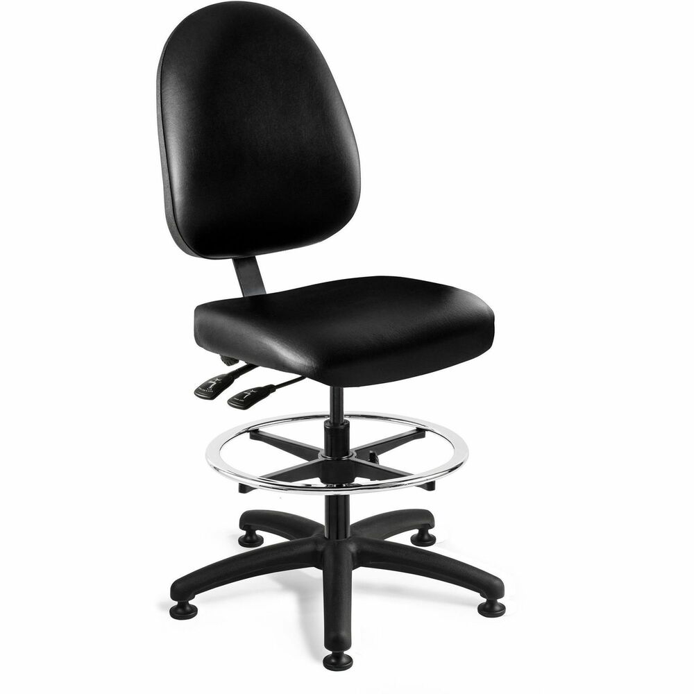 BVM6501BKV - Integra Series Chair effectively meets the needs of various work environments, especially healthcare settings. Antibacterial, anti-fungal vinyl upholstery meets ASTM G21 and AATCC TM147 standards for cleanliness and safety as well as CAL 117, FMVSS 302 and NFPA 260 standards. Pneumatic, articulating seat and back tilt adjustment allow you to work from the most optimal position. Ergonomic seat adjusts in height from 24" to 34". Waterfall seat improves lower-body circulation and overall health. Fully contoured back provides added lumbar support and encourages proper spine alignment. Along the office chair's base cylinder, a threaded knob adjusts the 20" footring's height from 7.5" to 17.5". Sturdy, five-legged nylon base moves on mushroom glides and supports up to 300 lb. to ensure stability at any height. Seat size is 17.5" wide x 19" high. Back measures 17.5" wide x 19" high.   
