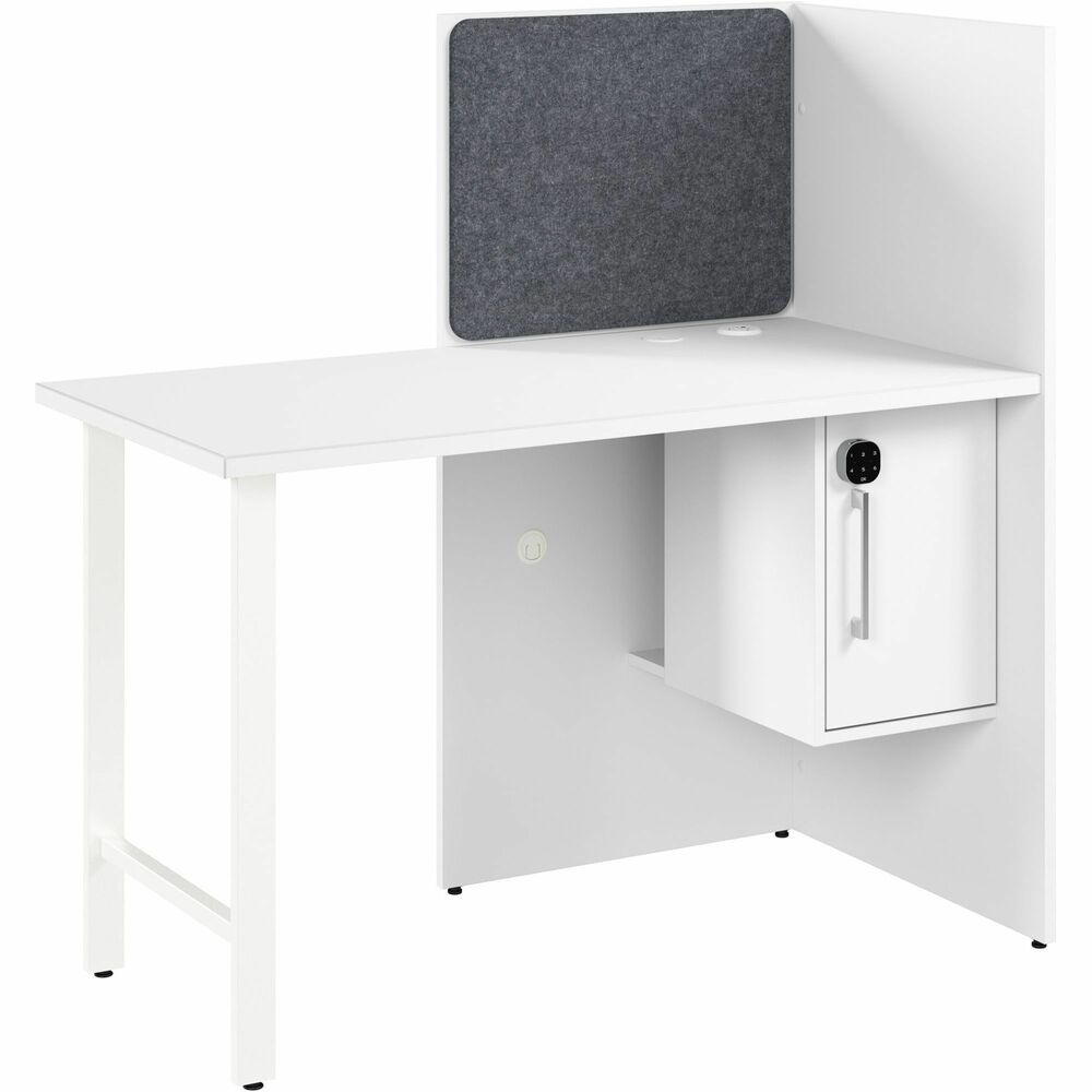 BSHHUCB260WH - Hustle 60" Cubicle Desk for Office with Locking Storage Cabinet instantly turns any space into a private and productive work area. The 1" thick desktop with a 200 lb. capacity accommodates multiple monitors and other equipment. Durable melamine worksurface protects against scratches, stains and other cosmetic damage to preserve the computer desk's appearance throughout years of regular use. Underdesk storage cabinet with customizable keypad lock securely stores valuables and personal items. Built-in cabinet's interior has one adjustable shelf to hold various shapes and sizes. Desktop power grommet with AC outlet, USB-A and USB-C port makes charging and connecting electronic devices easy while wire-management passthroughs keep your work area free from cords and cables. Set up the included tackboard on either the back or side panels to display memos, reminders, pictures and office decor. This modern cubicle desk meets or exceeds ANSI/BIFMA quality standards for safety and performance.