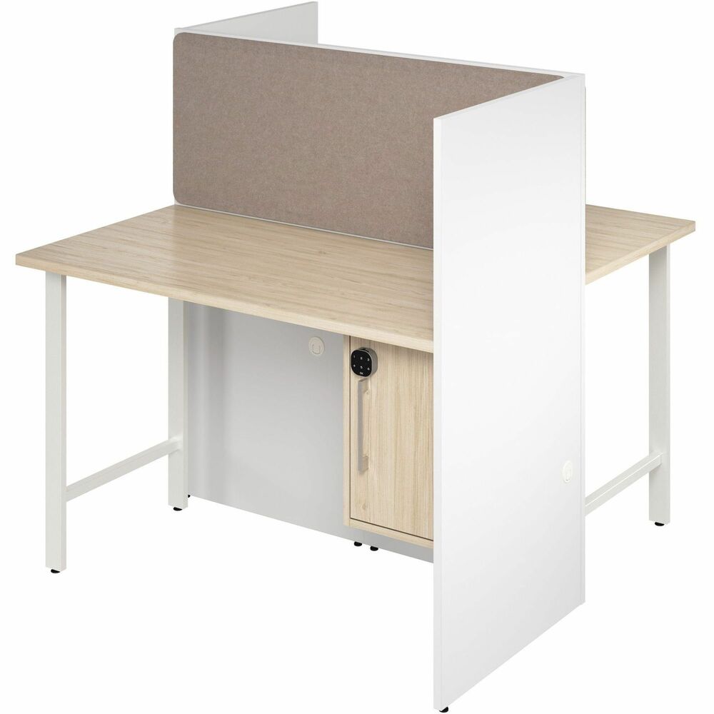 BSHHUS020WHNE - 48" 2-Person Office Cubicles with Locking Storage and Large Tackboards instantly turn any space into a private and productive work area. Both 1" thick desktops hold up to 200 lb. to accommodate multiple monitors and other equipment. Durable melamine worksurface protects against scratches, stains and other cosmetic damage to preserve the computer desk's appearance throughout years of regular use. Each underdesk storage cabinet securely stores valuables and personal items with customizable keypad lock. Built-in cabinet's interior has one adjustable shelf to hold various shapes and sizes. Power grommet in each desktop features an AC outlet, USB-A port and USB-C port for charging and connecting devices. Wire-management passthroughs keep your work area free from cords and cables. Large tackboards attach to each back panel with double-sided tape to display memos, reminders, pictures and office decor. Two-desk set meets or exceeds ANSI/BIFMA quality standards for safety and performance.