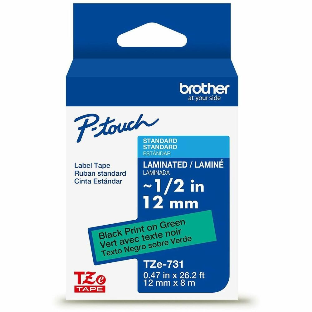 BRTTZE731G - Not all labels are created equally. Engineered by Brother for use with a variety of Brother P-touch Label Makers, Brother Genuine TZe Laminated Label Tapes offer an unbeatable combination of effortless customization, long-lasting performance, and impressive strength. The patented seven-layer lamination technology provides remarkable resistance to wear and tear, and label text is printed between layers, so messaging remains. Featuring Easy Peel split backings and outstanding adhesion, they are an effective option for application on smooth, round, and textured surfaces. Tested to perform in a range of environments, these label tapes withstand temperatures from freezing to boiling. Plus, they're resistant to fading caused by sunlight and damage due to water, making them ideal for indoor and outdoor use.  Chemical Resistant: TZe Laminated Label Tapes can be used on items and in areas that require frequent sanitizing with cleaners, wipes, and bleach. Restaurant kitchens, school cafeterias, tattoo shops, nursery schools, breakrooms, customer service counters. Water Resistant: TZe Laminated Label Tapes can be used in areas and on items with frequent water exposure. Hotel pool areas, backyard hot tubs, under-sink storage, laundry rooms, barber shops, fishing gear, outdoor garbage bins, dishwashers, and microwave-safe food storage. Abrasion Resistant: TZe Laminated Label Tapes can be used on items in public environments like municipal offices and government buildings or in home settings where items are often shared, accessed, or moved. Heavy storage containers, warehouse goods, power tools, dental office files, legal office binders, entry/exit doors in public buildings. Fade Resistant: TZe Laminated Label Tapes can be used in areas and on items that are exposed to sunlight. Retail store windows, flowerbeds, marinas, used car lots, swap meets, BBQ tools and accessories. Offered in multiple sizes and colors, the extensive range of TZe Laminated Label Tapes is further expanded with premium and specialty options that are perfect for more specific uses. For durable, long-lasting custom label solutions, depend on Brother TZe Laminated Label Tapes - labels that work hard to simplify the hard work of identification and organization.  Images are for illustrative purposes only. Actual output (such as font and margins) may vary. Tape widths listed in inches are approximate. Actual tape widths are listed in millimeters (mm).