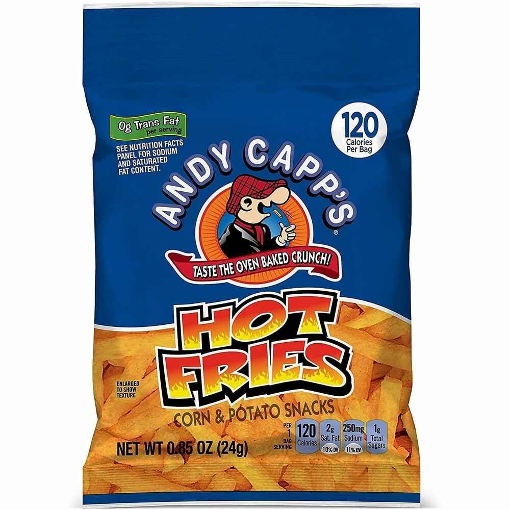 GRR20900465 - Andy Capps Hot Fries tantalize your taste buds and satisfy your hunger. Delicious, oven-baked snacks look like fries but crunch like chips. Crunchy, corn-and-potato treats deliver punchy, spicy flavor with every bite. Individual snack packs work perfectly for stocking your pantry, filling grab-bags and packing your lunch.   