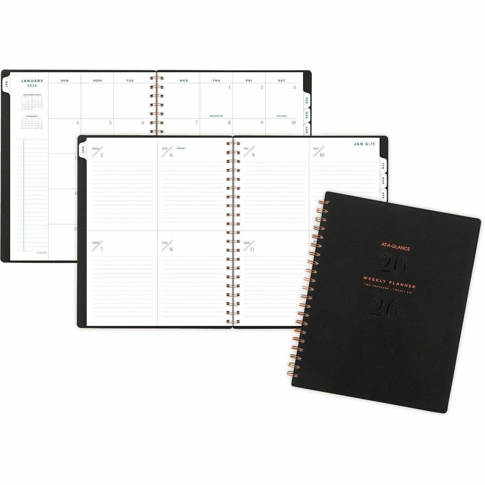 AAGYP90501 - Signature Weekly Monthly Planner gives you everything you need to stay on track this year in one sleek, modern package. Dated planning pages range 12 months from January to December. Give your planning some professional style with the modern and simplified cover with bronze foil accents and a die-cut year detail. Plan your schedule without fear of distracting ink bleeding. High-quality paper has ink bleed-resistance to keep your planning pages neat . Weekly planning pages show day-to-day events and notes in an instant. Tabbed monthly overviews help you keep an eye on the big picture and get a jump on future plans. Get more done this year with help from special pages including a holiday list, three-year reference calendar, event calendar, contacts, notes and a double-sided poly pocket. Flexible yet durable cover keeps its shape while the twin-wire binding helps prevent snags when you throw it in your bag.
