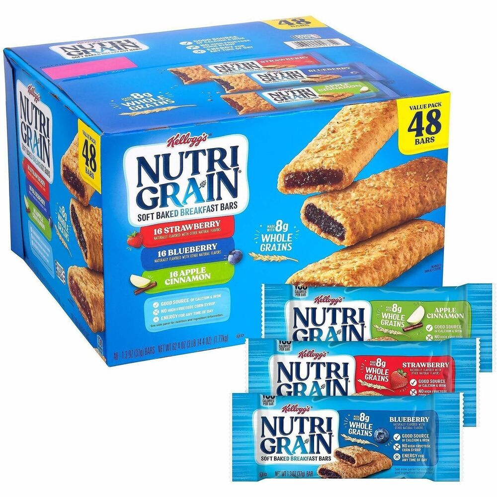 GRR22000508 - Nutri-Grain breakfast bars make a great snack any time of day. This breakfast-alternative variety pack comes with apple cinnamon, blueberry and strawberry flavors. Delicious, real-fruit filling and flaky, whole-grain crust contain no high fructose corn syrup for guilt-free snacking. Each bar provides 10 grams of whole grains and 10 types of vitamins and minerals, including calcium and iron. Individually wrapped bars work perfectly as on-the-go snacks to keep in your car, purse or lunch box. Share with coworkers in your office breakroom or keep them at home to fuel your morning commute.   