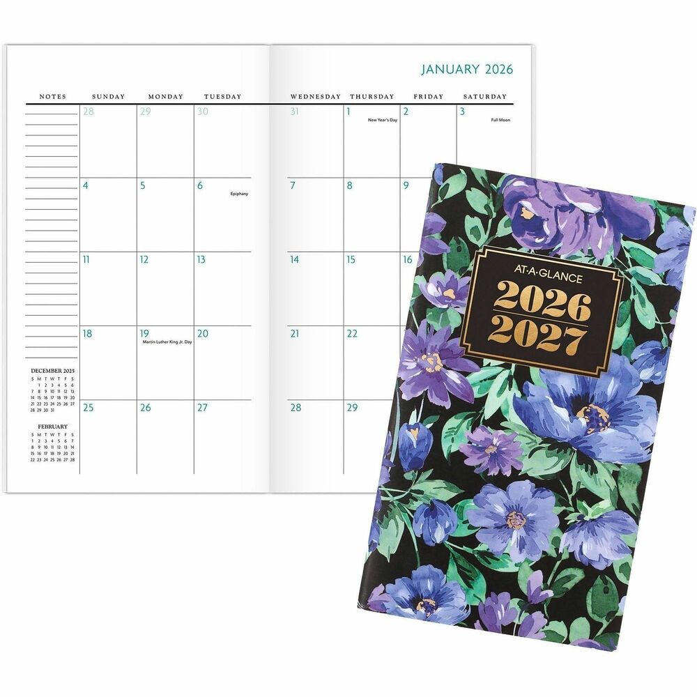 AAG1753F021 - Stay ahead of your schedule, especially when you're on-the-go, with this convenient, two-year monthly planner that's sized for your pocket. The stylish cover of the Badge Floral Two-Year Monthly Planner features a gold date badge surrounded by blooming flowers. Dated planning pages range 24 months from January to December. High-quality paper features superior ink bleed-resistance. Two-page-per-month spreads offer unruled daily blocks (13/16" x 1"), a ruled notes section, Sunday-through-Saturday scheduling, holidays and past and future months reference. Special pages include a holiday list, four contacts, five notes and reference calendars. Planner is stapled for smooth binding. Compact page size easily fits in a purse or pocket.