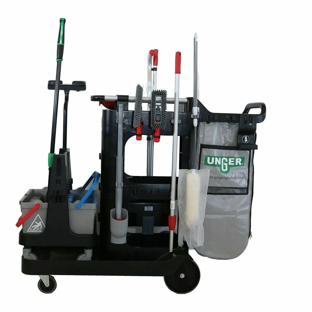 UNGRRBK1 - RestroomRx and OmniClean System Combined in one! A fully-loaded janitorial cart that comes with everything needed to clean restrooms. This turnkey and organized RestroomRx Cart features the Unger Excella Straight Pole.The only janitorial cart that comes with everything needed to start cleaning restrooms.Designed to minimize trips to the supply closet, this cart includes tools for trash pick up, mopping, dusting, sweeping, toilet cleaning, and storage.EZClip™ system keeps tools securely in place and within reach.Narrow tower design makes it easy to fit through tight doorways and store in most janitorial closets.Handrail allows you to maneuver in and out of restroom entrances more efficientlyQuiet, non-marking casters that have debris-proof covered bearing to ensure reliability and long life.
