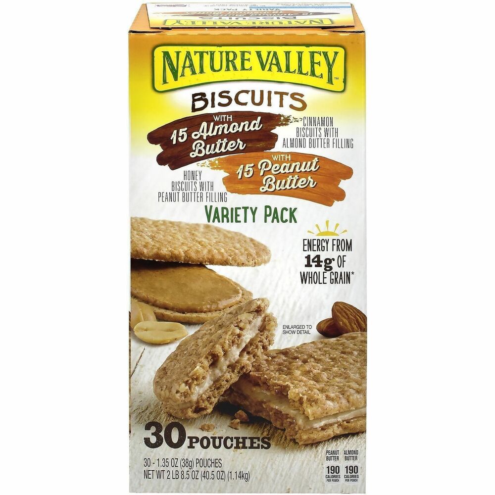 GRR22001046 - Nature Valley Biscuit breakfast bars provide wholesome goodness with convenient packaging. Breakfast bar variety pack contains cinnamon biscuits with almond-butter filling and honey biscuits with peanut-butter filling. Made from whole-grain oats with no artificial flavors or high fructose corn syrup, biscuit bars offer a healthier snack alternative. Individually wrapped bars work perfectly as on-the-go snacks to keep in your car, purse or lunch box. Share with coworkers in your office or use them to fuel your morning commute.   