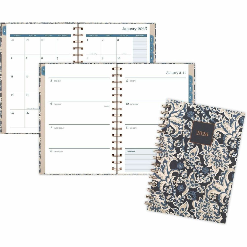 AAG1763200 - Elizabeth Weekly Monthly Planner brings elegance and structure to your plans, making it easy to track family events, work deadlines and everything in between. Dated planning pages range 12 months from January to December and feature a QuickNotes area on both weekly and monthly pages to help you stay on track all year long. Two-page-per-week spreads include open daily sections from Monday to Sunday. Tabbed monthly pages help you see your big picture plans in an instant with unruled daily blocks from Sunday to Saturday and past and future monthly reference calendars. Special pages include a double-sided poly pocket, three-year reference calendar, holiday list, two future planning pages, five note-taking pages and a sticker sheet. Durable hardcover with blue and white floral design helps the planner stand up to wear and tear no matter where your day takes you. Twin-wire binding helps keep your pages secure and won't snag on your bag or clothing.